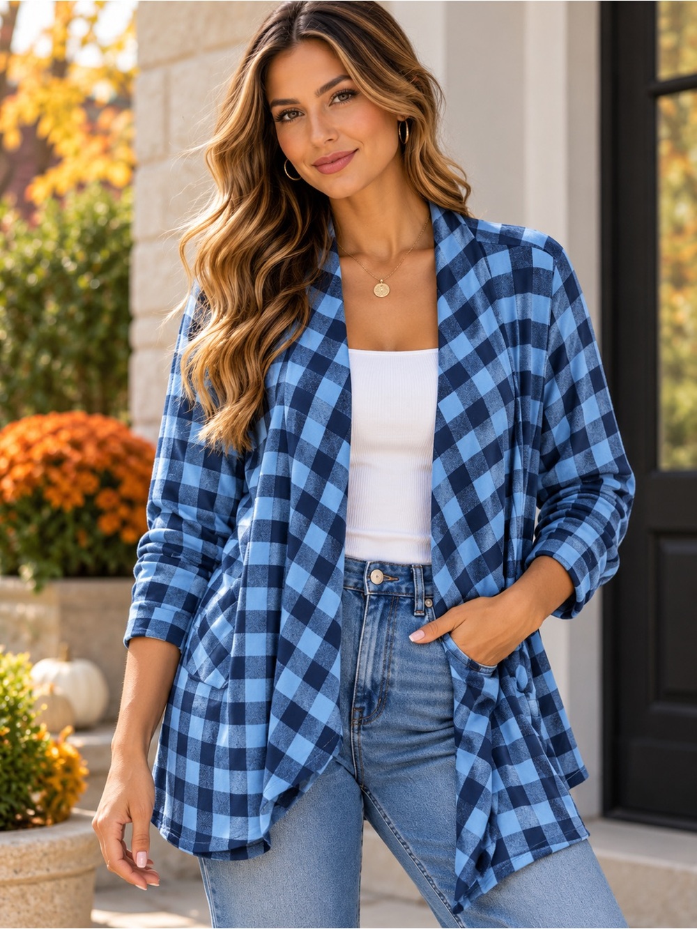 Joan Rivers Blue Plaid Open-Front Cardigan